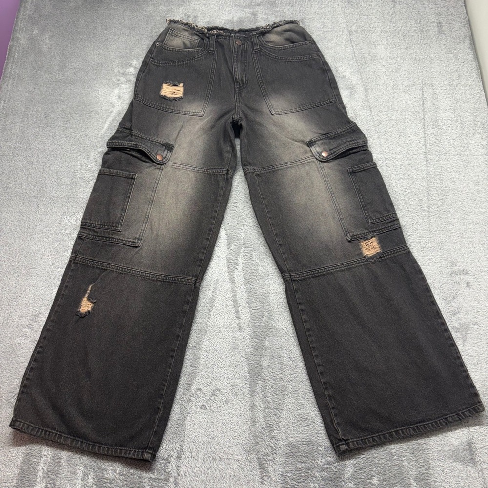 Fashion Nova Cargo Jeans Women Size 9 Black Good Distressed Wide Leg FNP20223DP